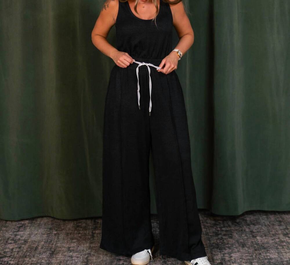 NEW ANNIEWEAR women's textured crepe knit wide leg jumpsuit in black